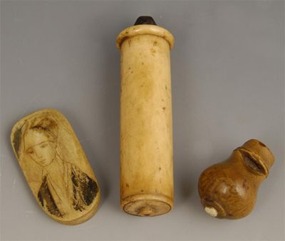 Appraisal: A th century turned bone cylindrical container the threaded cover