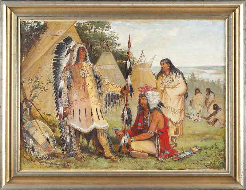 Appraisal: American School th c Plains Indian Groupoil on canvas lined