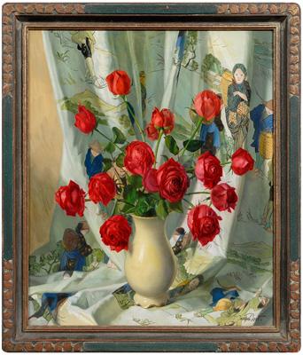 Appraisal: Joseph Jost still life painting red roses in vase set