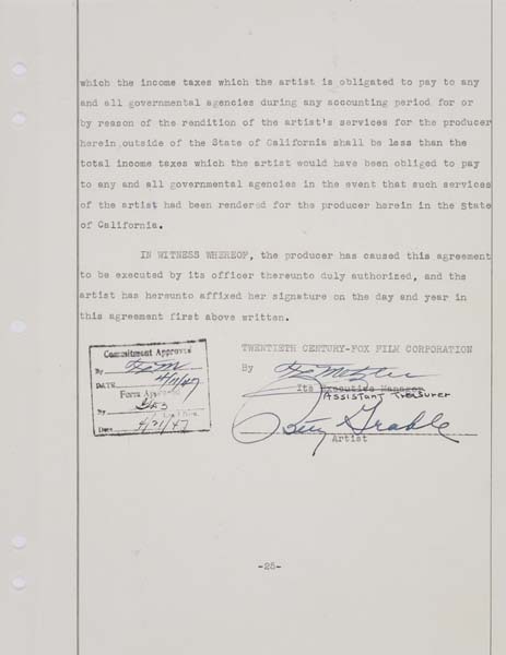 Appraisal: BETTY GRABLE Three year studio contract signed by Grable February