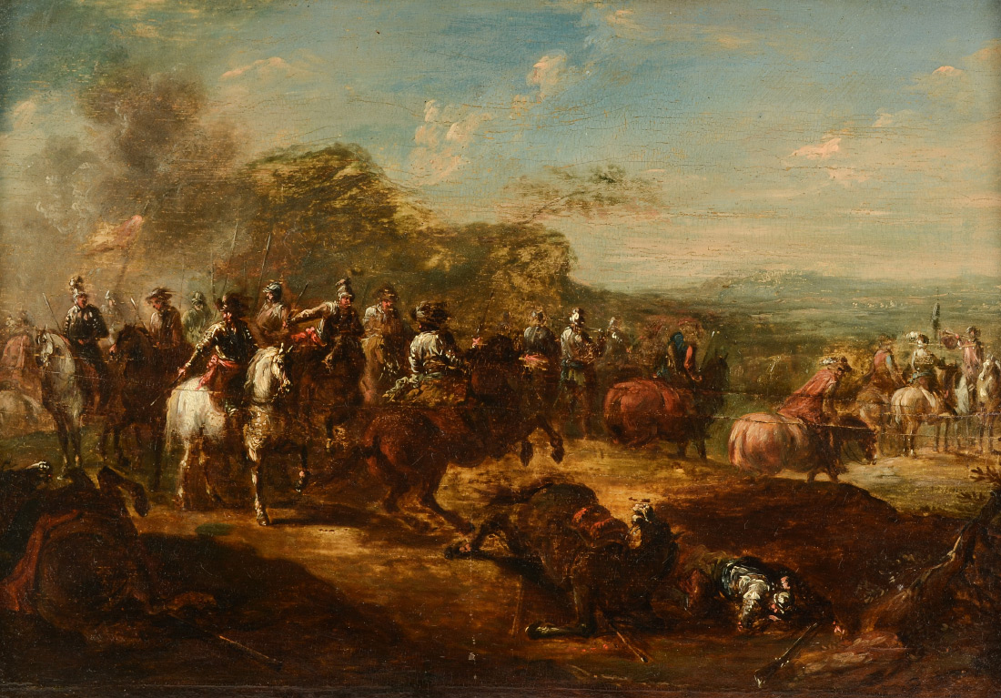 Appraisal: EARLY PAINTING CONQUISTADORS AFTER A BATTLE Oil Wood Panel ''