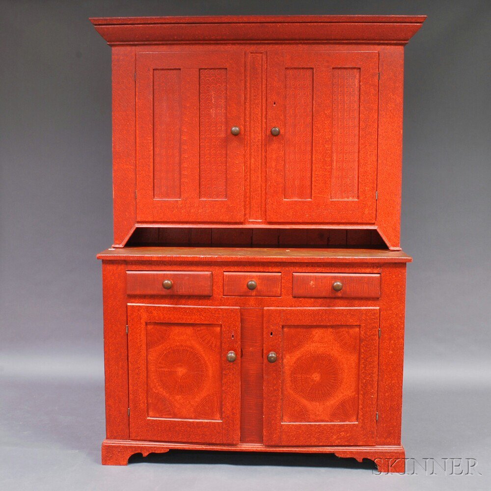 Appraisal: Putty-painted Two-part Step-back Cupboard Pennsylvania th century the upper section