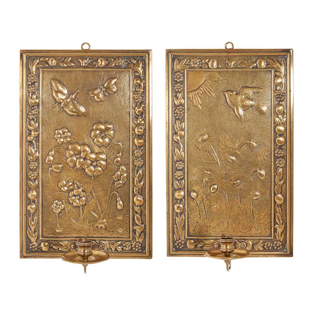 Appraisal: ENGLISH PAIR OF AESTHETIC MOVEMENT WALL SCONCES CIRCA brass cm