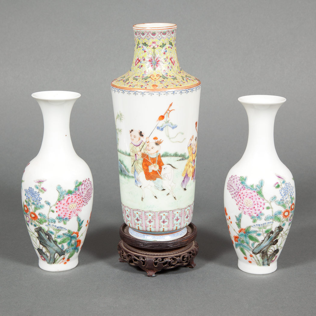 Appraisal: Pair of Chinese Famille Rose Glazed Porcelain Vases Together with