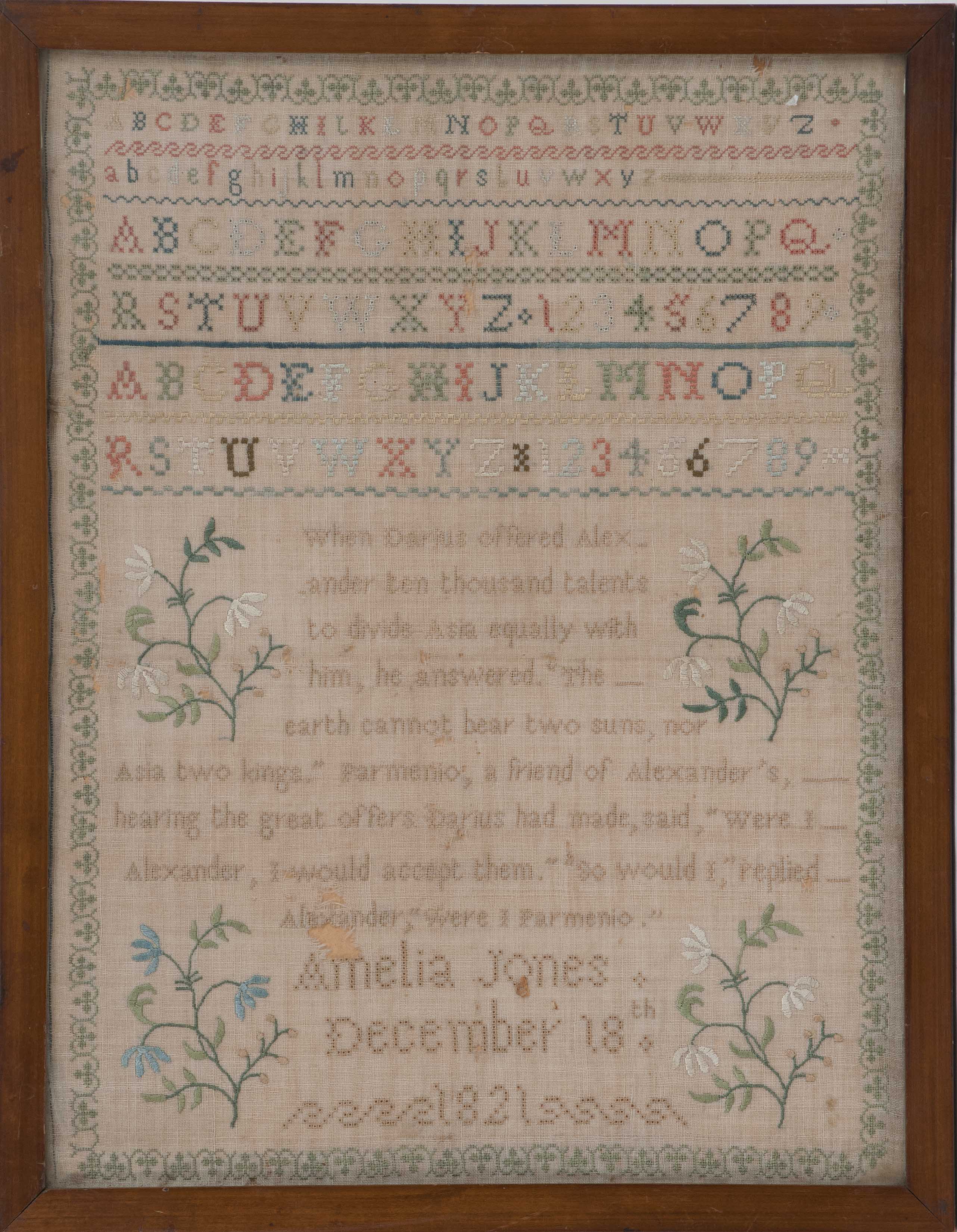 Appraisal: FRAMED ANTIQUE NEEDLEWORK SAMPLER Wrought by Amelia Jones and dated