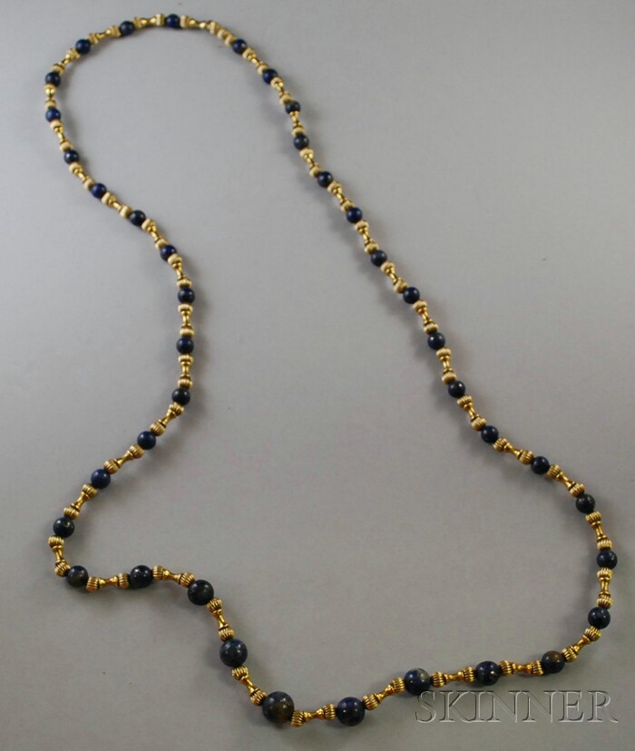 Appraisal: kt Gold and Lapis Bead Necklace composed of lapis beads