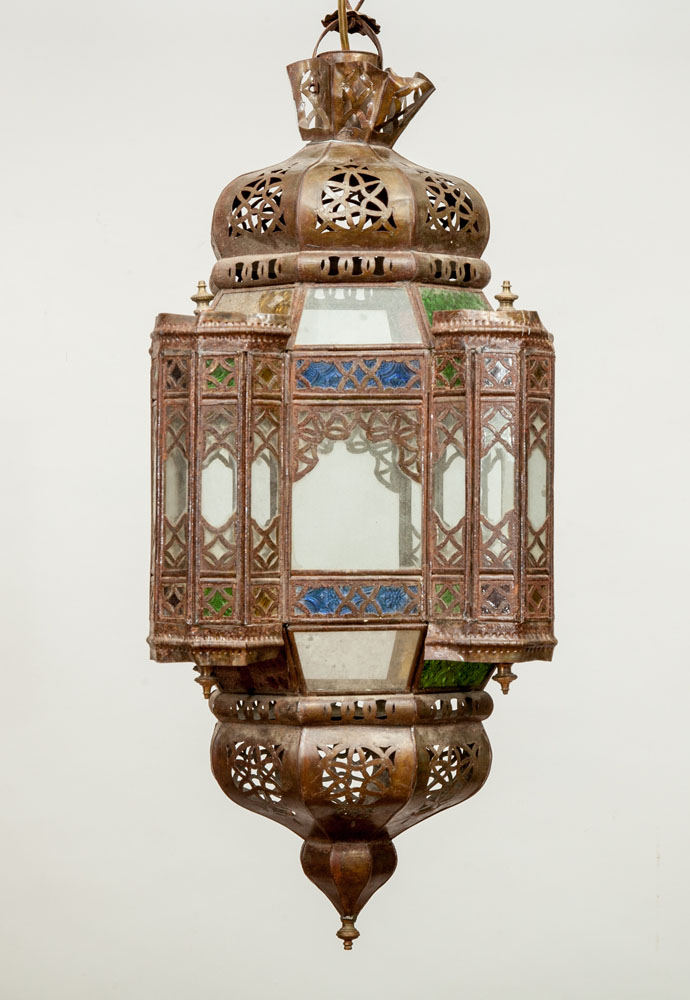 Appraisal: Near Eastern Glass-Mounted Brass Lantern x in Estimate -