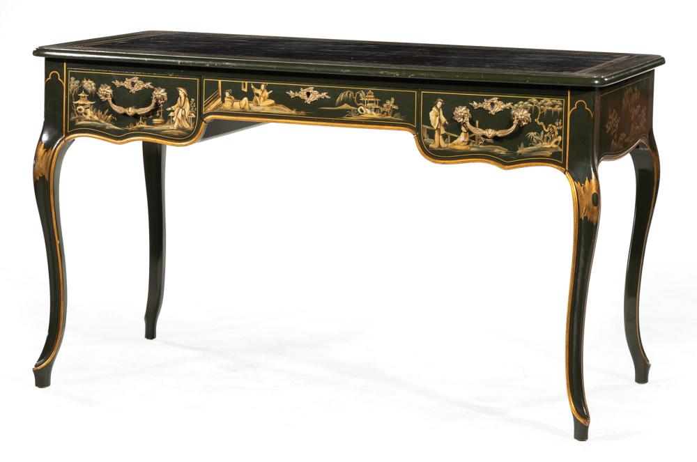 Appraisal: Continental Chinoiserie Writing Table tooled leather writing surface three drawers