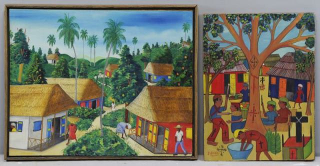 Appraisal: Two Signed Haitian Oils on Masonite A Dubic village scene