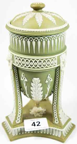 Appraisal: Wedgwood Green Dipped Jasper Tripod Vase and Cover height cm