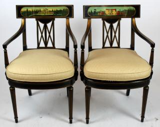 Appraisal: Pair of painted armchairs with caned seats and upholstered cushion