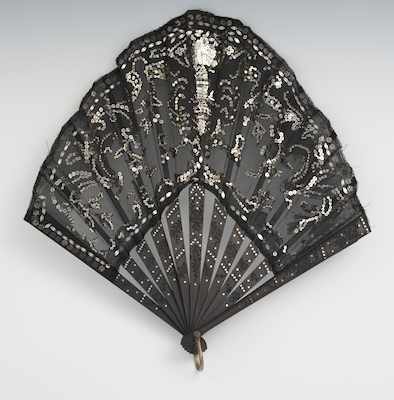 Appraisal: A Black Lace Sequined Victorian Fan Circa Tapered shaped fan