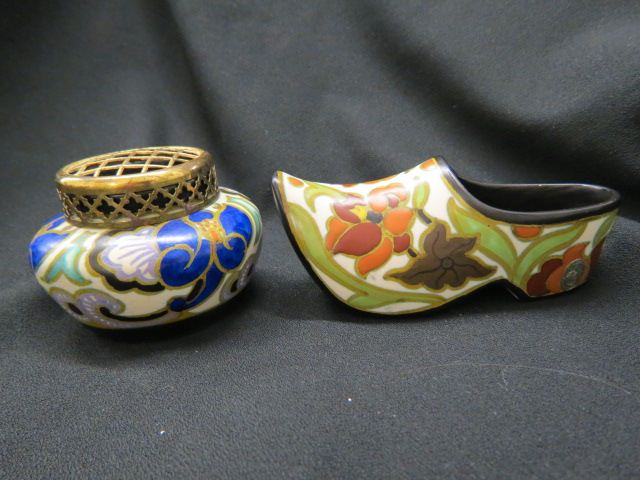 Appraisal: pcs of Gouda Art Pottery figural shoe planter and vase