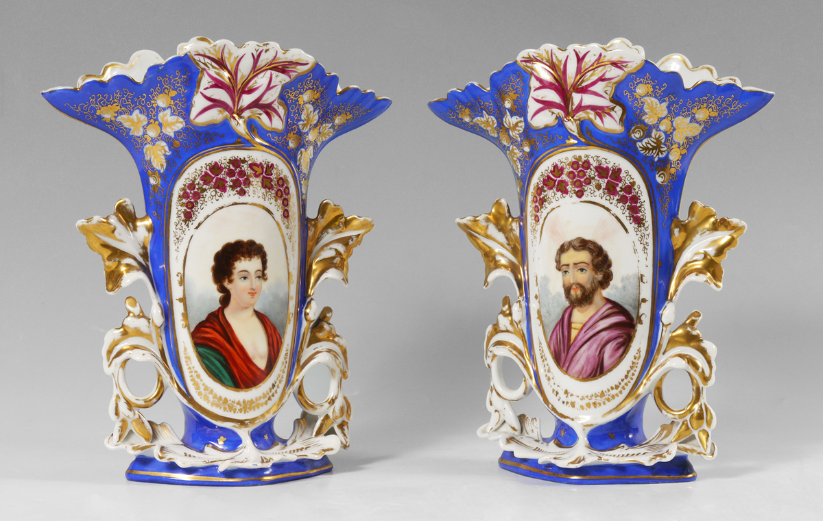 Appraisal: PAIR OLD PARIS PORTRAIT VASES Hand painted matched pair with