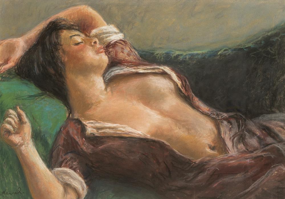 Appraisal: PIERRE DEVAL - RECLINING WOMANpastel on paper matted framed and