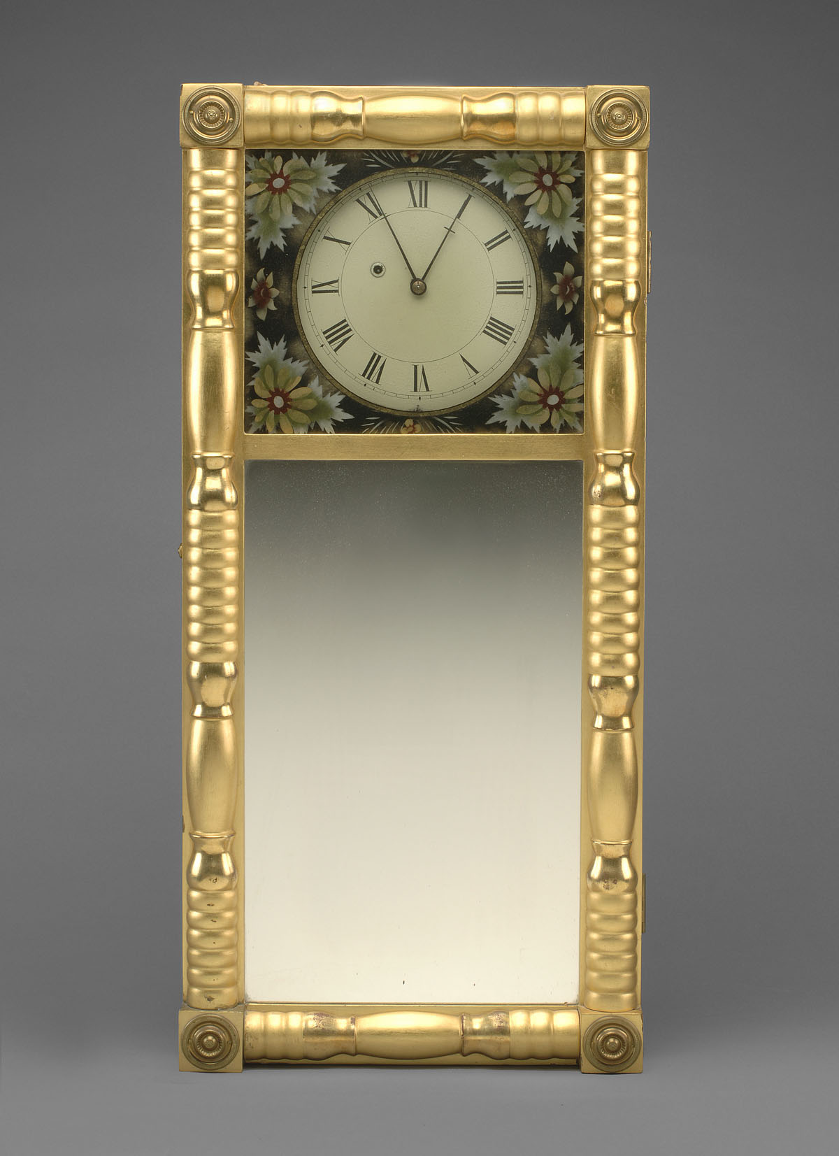 Appraisal: NEW HAMPSHIRE BIRCH GILTWOOD SPLIT SPINDLE SHELF CLOCK WITH FLORAL-DECORATED