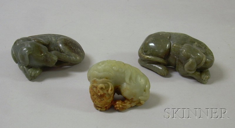 Appraisal: Two Chinese Carved Jade Dog Figures and a Kylin Figure