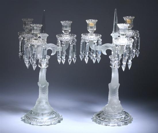 Appraisal: PAIR CLEAR AND FROSTED GLASS THREE-LIGHT CANDELABRA early th century