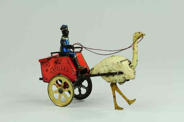 Appraisal: LEHMANN AFRICA OSTRICH CART Germany c tinplate cart finished in