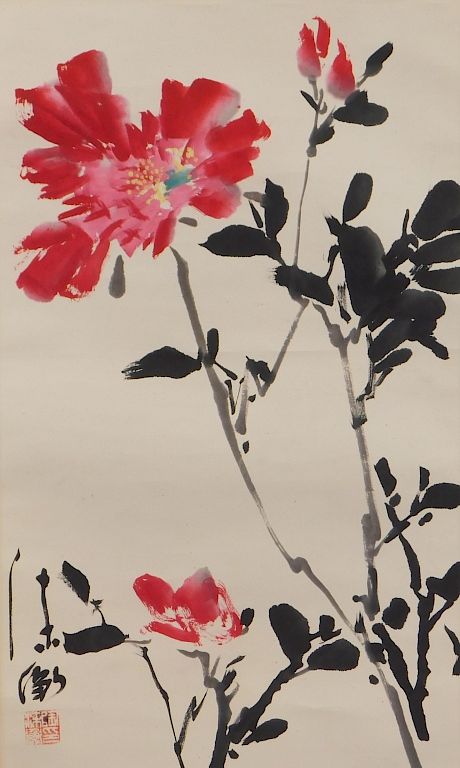 Appraisal: Japanese Red Flowers Hanging Wall Scroll Painting Japan Vividly colored