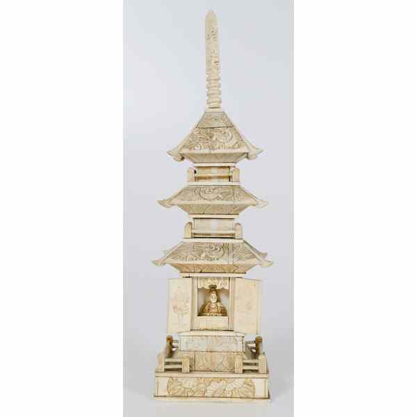 Appraisal: Japanese Carved and Inked Ivory Pagoda Japanese A carved and