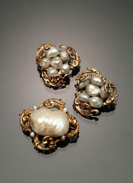 Appraisal: Victorian and Retro -Karat Yellow-Gold Pearl and Diamond Assembled Three-Piece