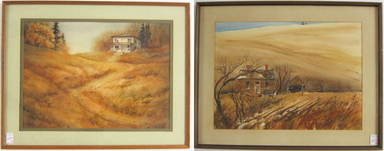 Appraisal: TWO WATERCOLORS ON PAPER rural landscapes with cottages and fields