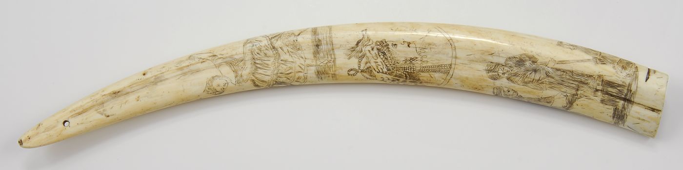 Appraisal: SCRIMSHAW WALRUS TUSK th CenturyPossibly done by an Asian sailor