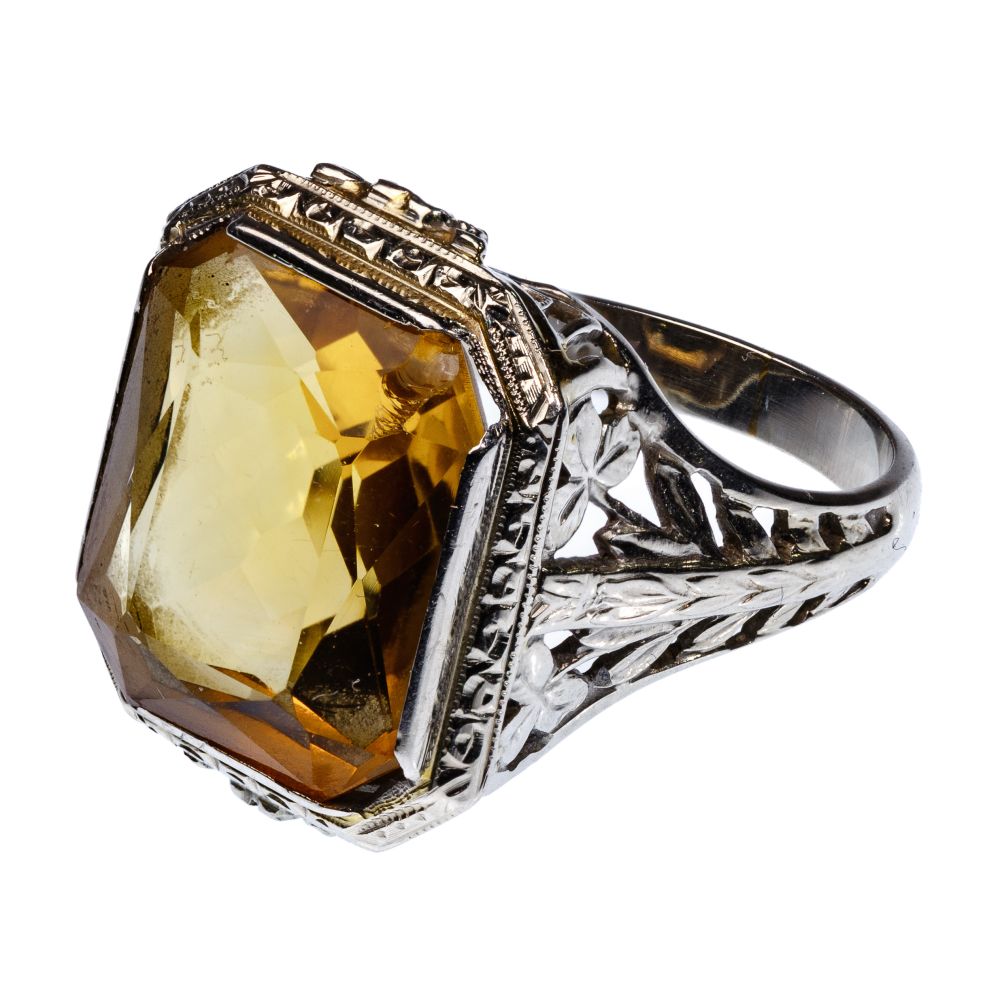 Appraisal: K WHITE GOLD ART DECO STYLE CITRINE RINGHaving an openwork