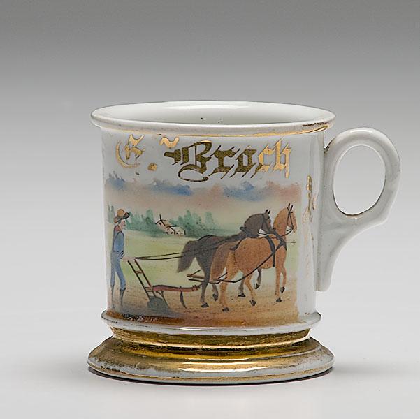 Appraisal: FARMER'S OCCUPATIONAL SHAVING MUG porcelain with polychrome painted scene of