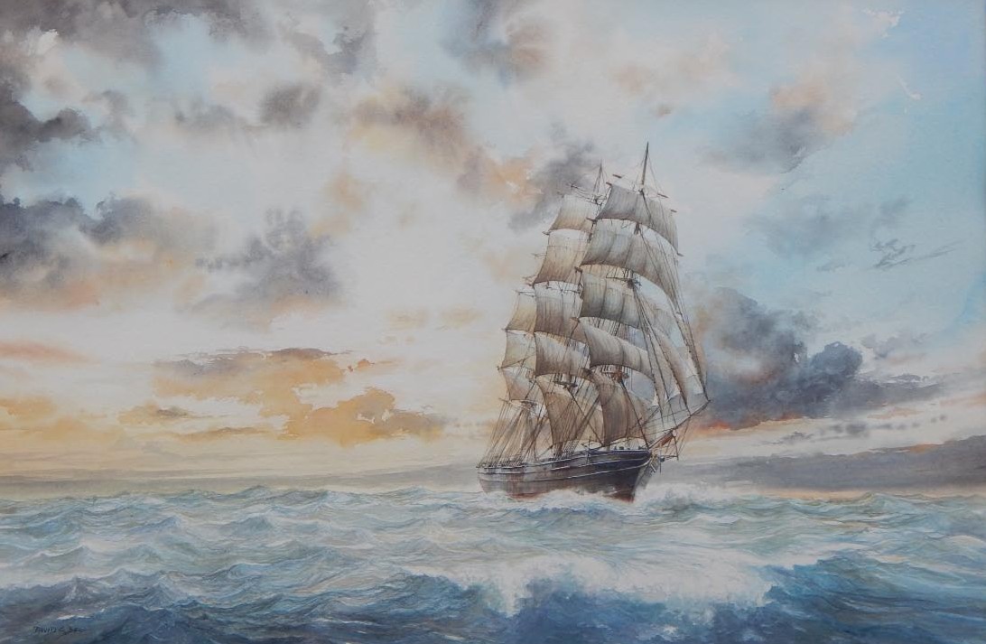 Appraisal: David C Bell b Masted ship at sea watercolour signed