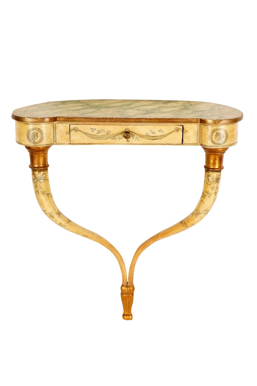 Appraisal: NEOCLASSIC STYLE PAINTED PARCEL GILT WALL CONSOLEwith a single drawer