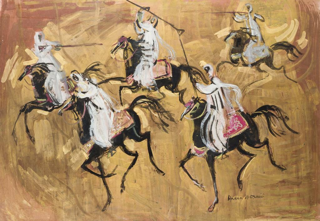 Appraisal: HASSAN EL GLAOUI Moroccan b Fighters on Horseback gouache on