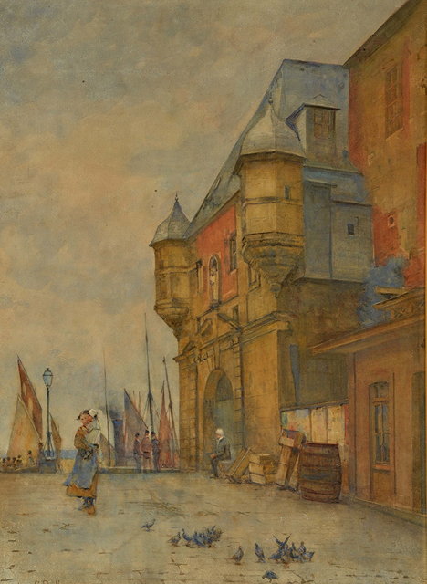 Appraisal: ARTHUR G BELL - A continental harbourside town with figures