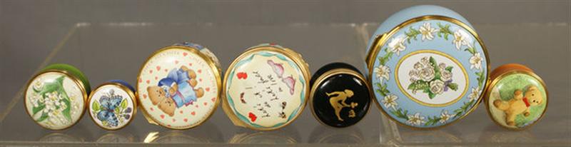 Appraisal: various themed Halcyon Days enameled boxes by Bilston largest one