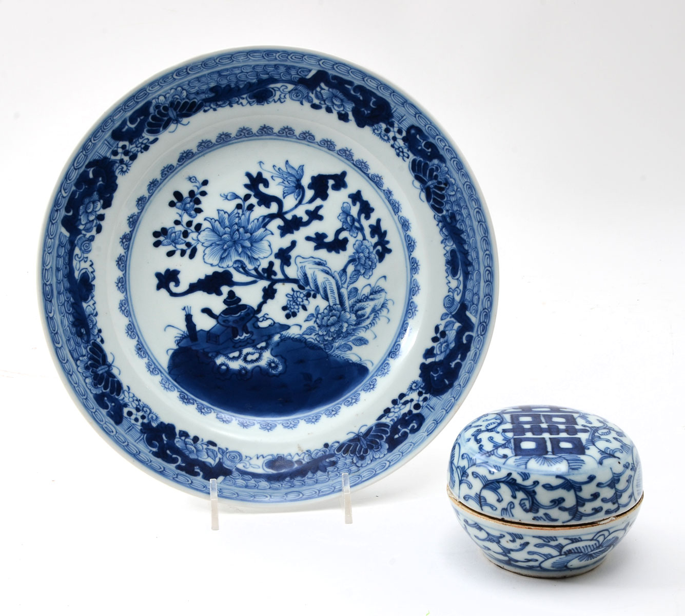 Appraisal: QING PERIOD BLUE WHITE DISH AND PIN BOX Comprising -