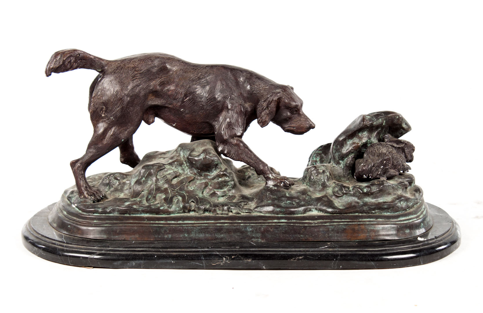 Appraisal: Dog and rabbit bronze figural group early th century in