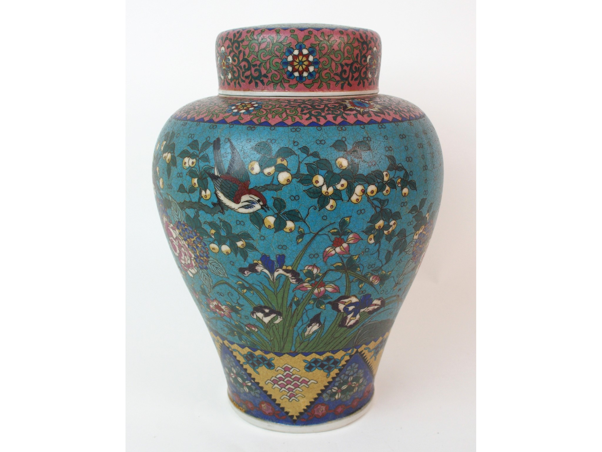 Appraisal: A Chinese cloisonne porcelain baluster jar and coverdecorated with birds