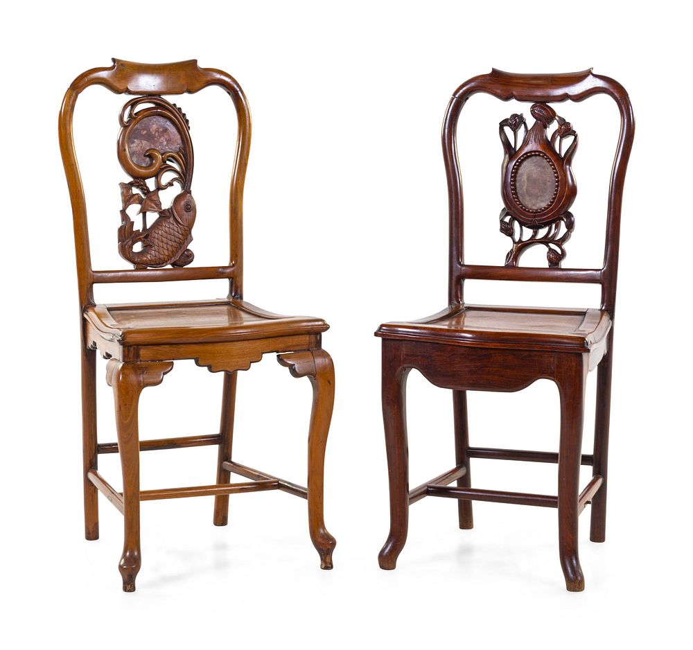 Appraisal: Two Chinese Export Stone Inset Rosewood Chairs Two Chinese Export