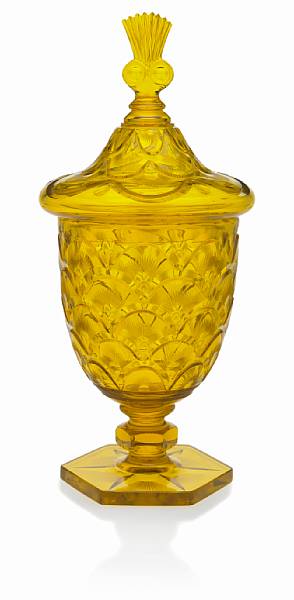 Appraisal: Steuben Bristol yellow cut glass covered jar shape - in