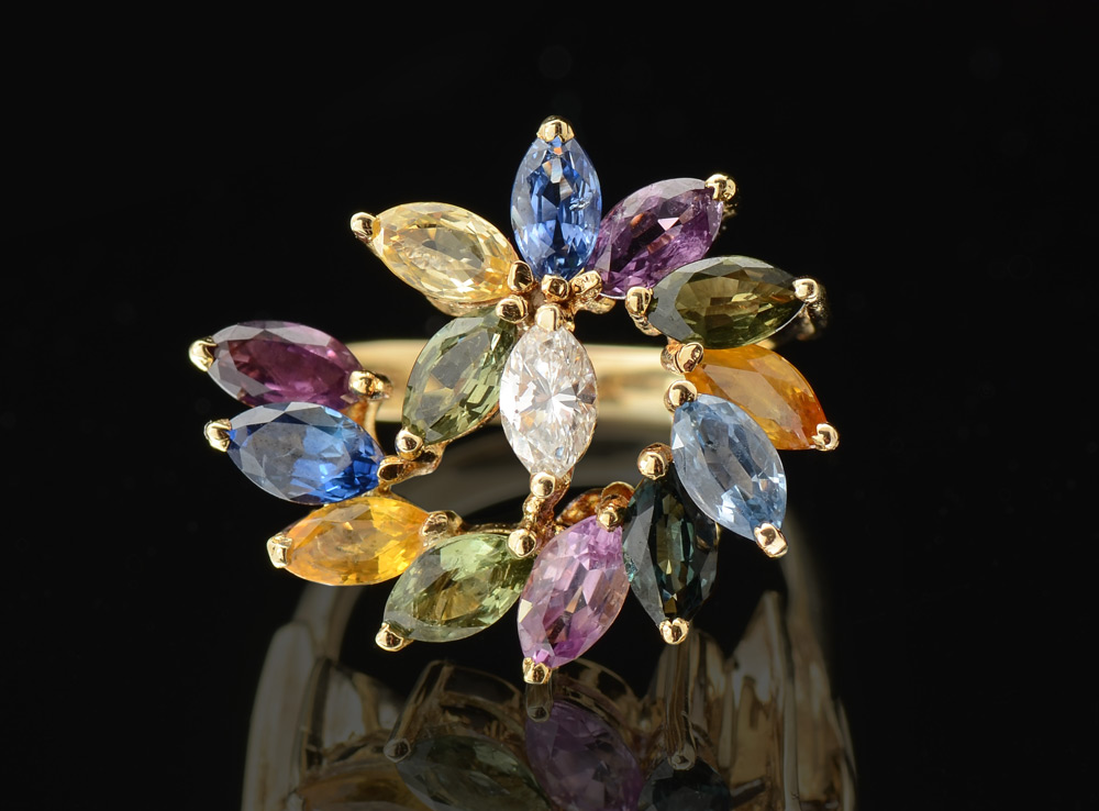 Appraisal: DIAMOND AND MULTI-COLOR SAPPHIRE RING k yellow gold ring with