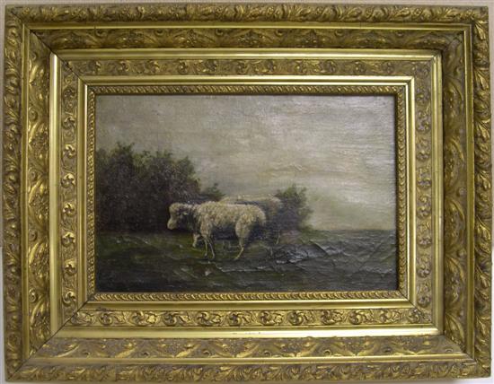 Appraisal: th C unsigned oil on canvas two sheep in landscape