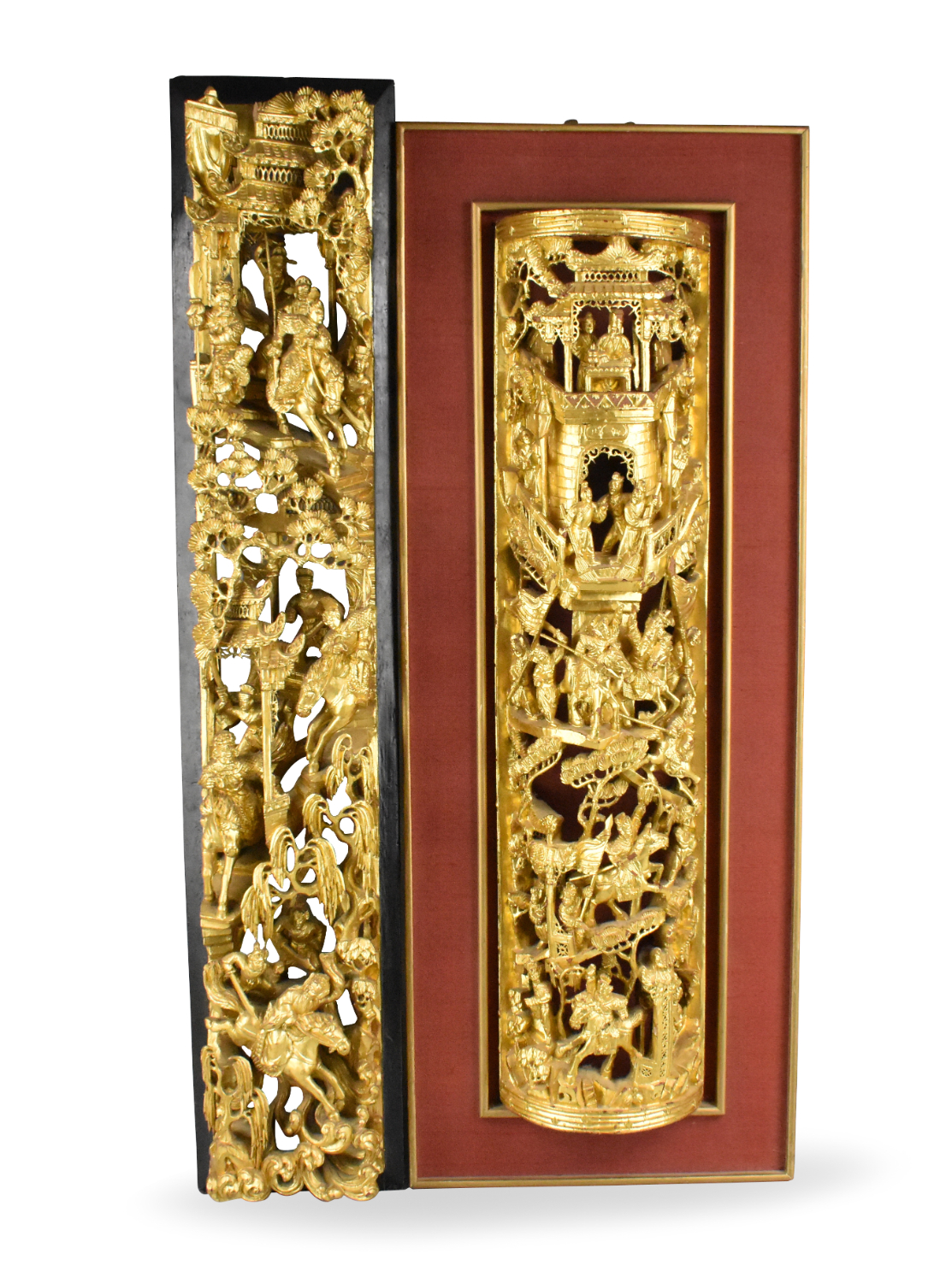 Appraisal: Chinese Gilt Lacquered Wooden Frame w Battlefield carving Each vertical