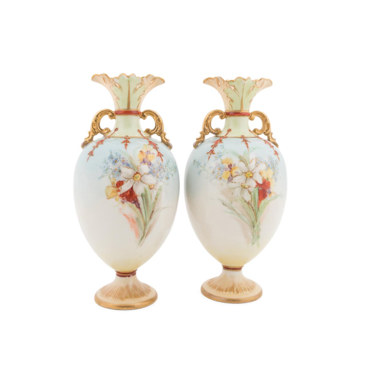 Appraisal: PAIR NAUTILUS PORCELAIN FLORAL PAINTED VASES Pair of Nautilus Porcelain