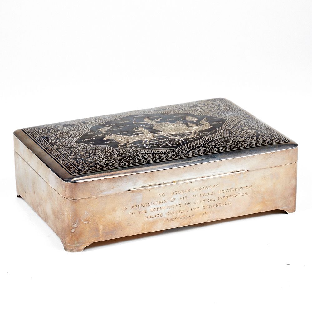 Appraisal: Large Thai Silver Nielloware Box - Inscribed Large Thai silver