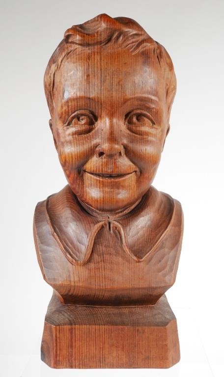 Appraisal: Nicely carved wood bust of a young boy Sculpture measures