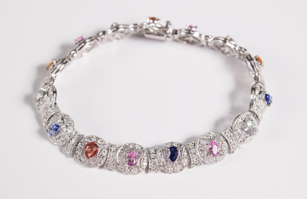 Appraisal: MULTI-COLOR SAPPHIRE AND DIAMOND BRACELET k white gold with pave'