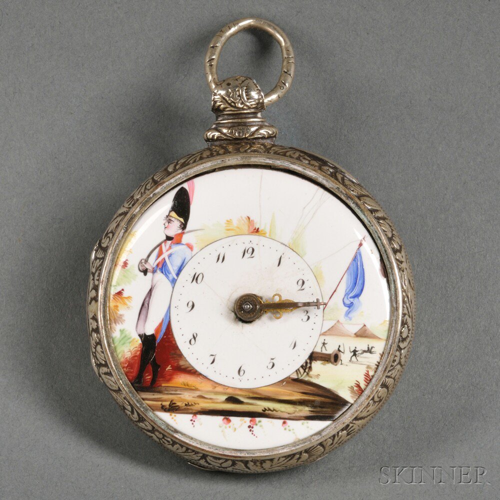 Appraisal: Pocket Watch with Enamel Battle Scene on Dial England late