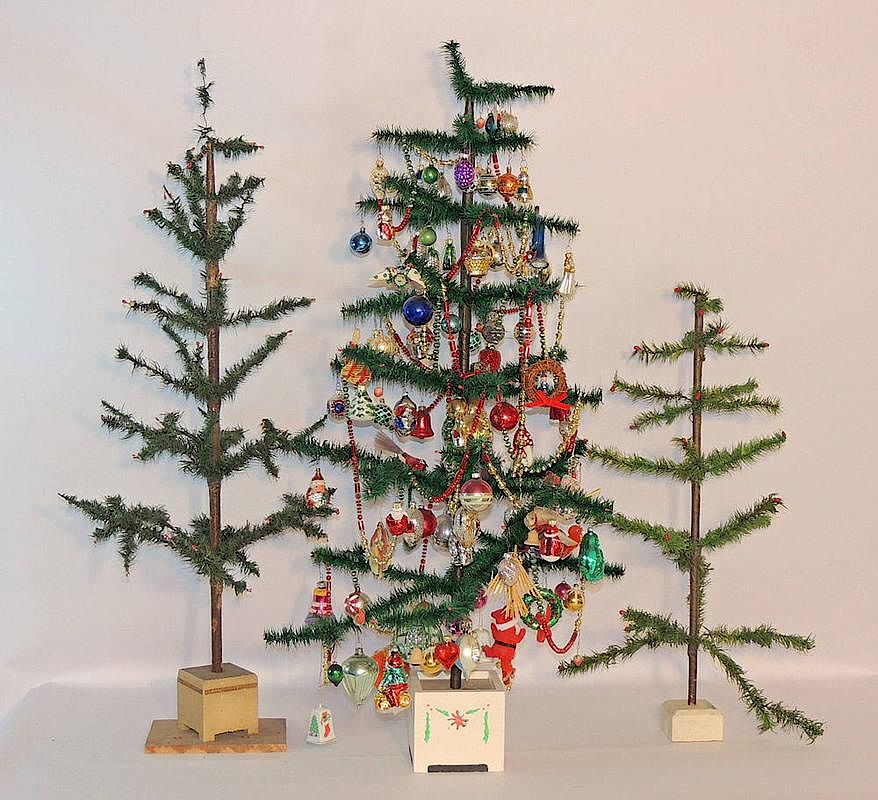 Appraisal: Three Victorian Christmas Feather Trees One with vintage ornaments Tallest