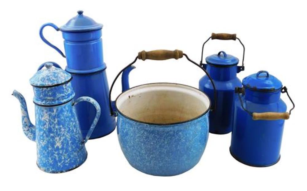 Appraisal: Five pieces of kitchen graniteware including two coffee pots one